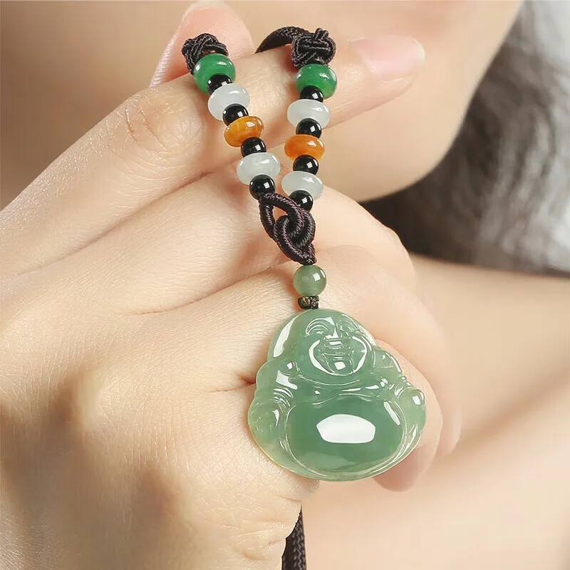 Natural A-grade Myanmar Ice Nectarine Oil Green Maitreya Jade Pendant Laughing Buddha Women's Collarb