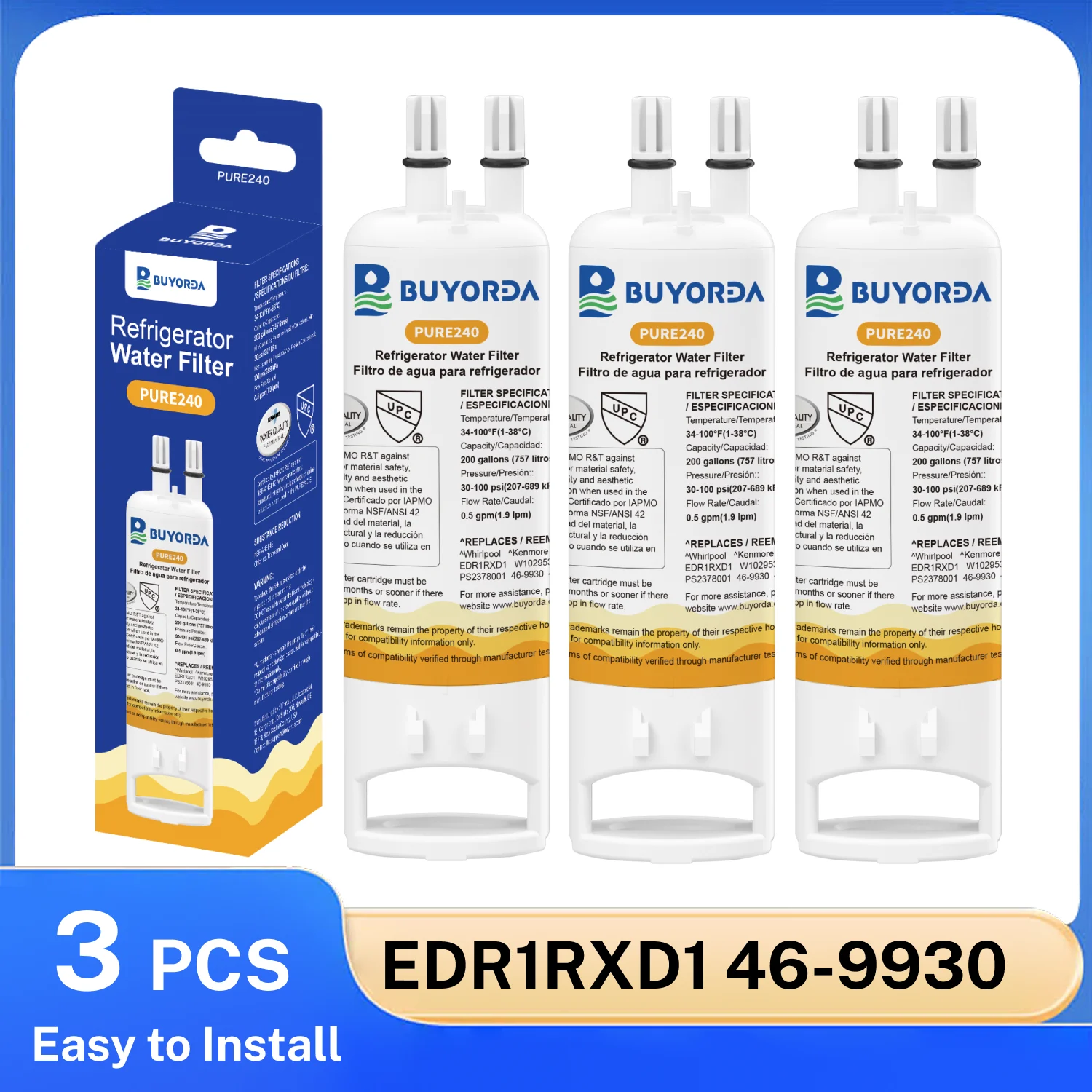 

Замена фильтра EDR1RXD1 1 WHR1RXD1, совместимого с фильтром для воды для холодильника Kenmore 46-9081 9930 P4RFWB P8RFWB2L, 3 упаковки