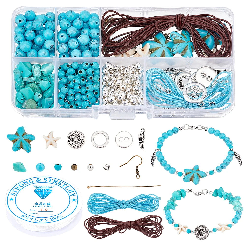 

DIY Earring Bracelet Necklace Making Kit Including Round Chips Starfish Turquoise Beads Alloy Wing Charm Iron Earring Hooks