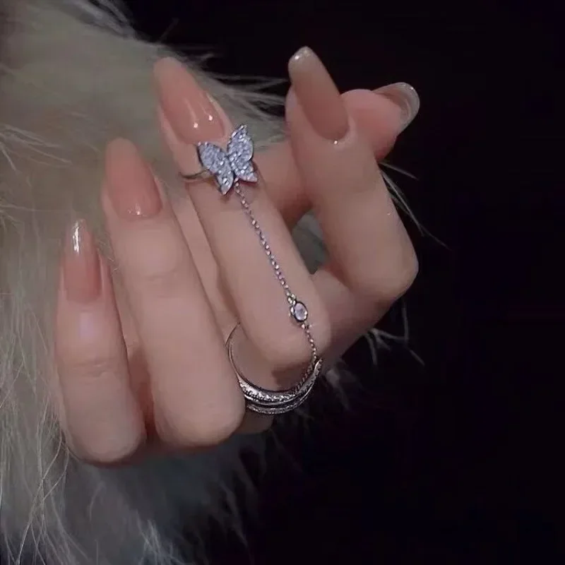 Sweet Temperament Butterfly Chain Tassel Finger Ring Female Fashion Trend Fingertip Ring Elegant Party Jewelry Accessories