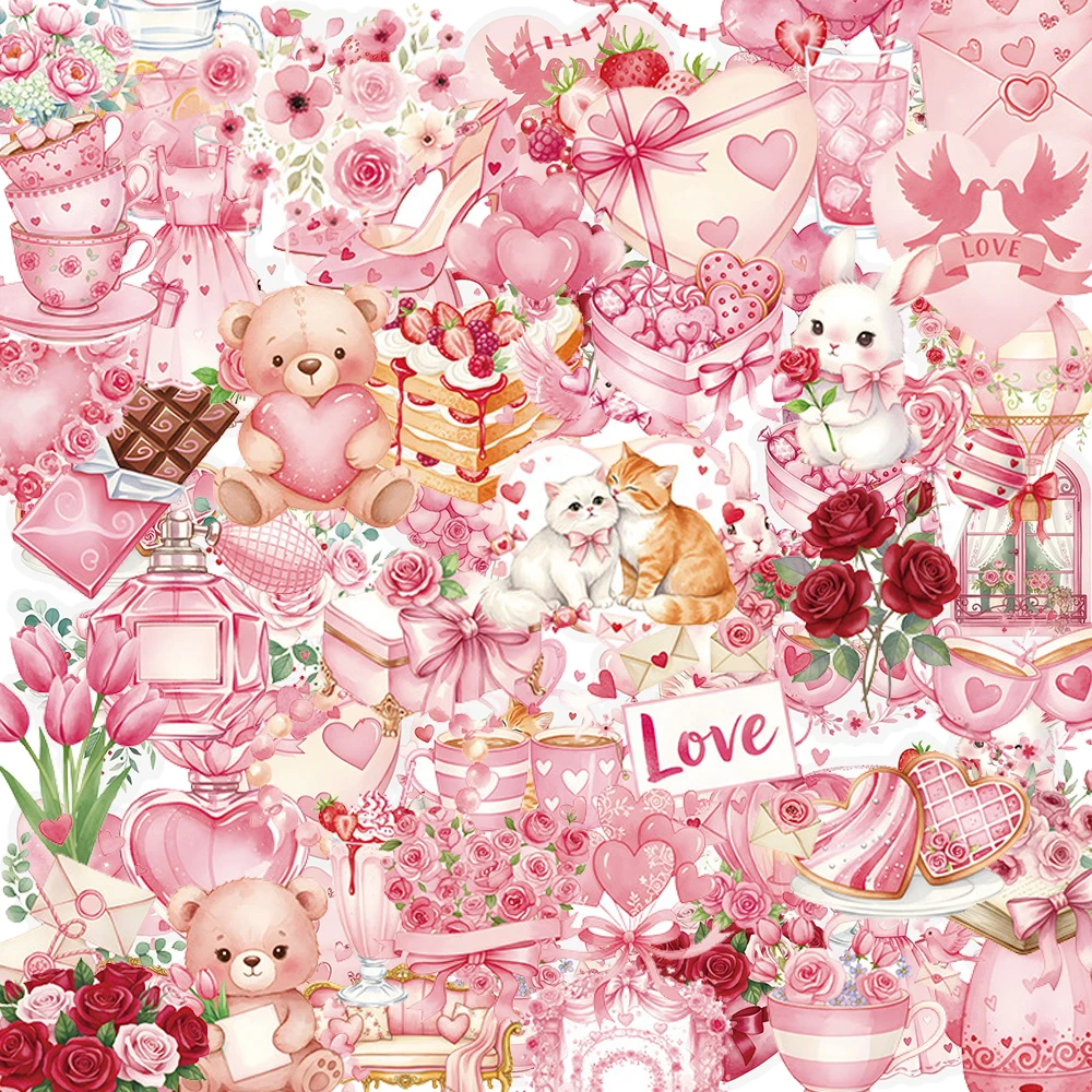 10/30/50 Stück transparente rosa romantische Valentinstag-Aufkleber, niedliche PET-Aufkleber, Graffiti, Gepäck, Telefon, Notizbuch, ästhetische Aufkleber