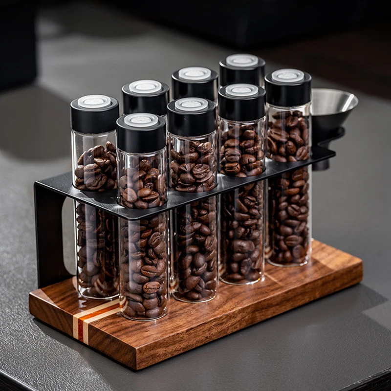 

2026 New Coffee Bean Cellars Tubes Single Dose Coffee Bean Storage with 8 Tubes with Exhaust Valve Shelf & Funnel Cafe Tools