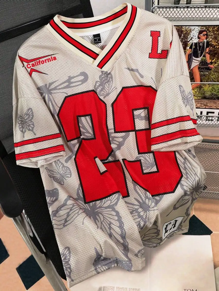 

Men's Oversized Mesh Jersey Tee with Bold Number Print and Butterfly Pattern, Red & Cream V-Neck Streetwear Top