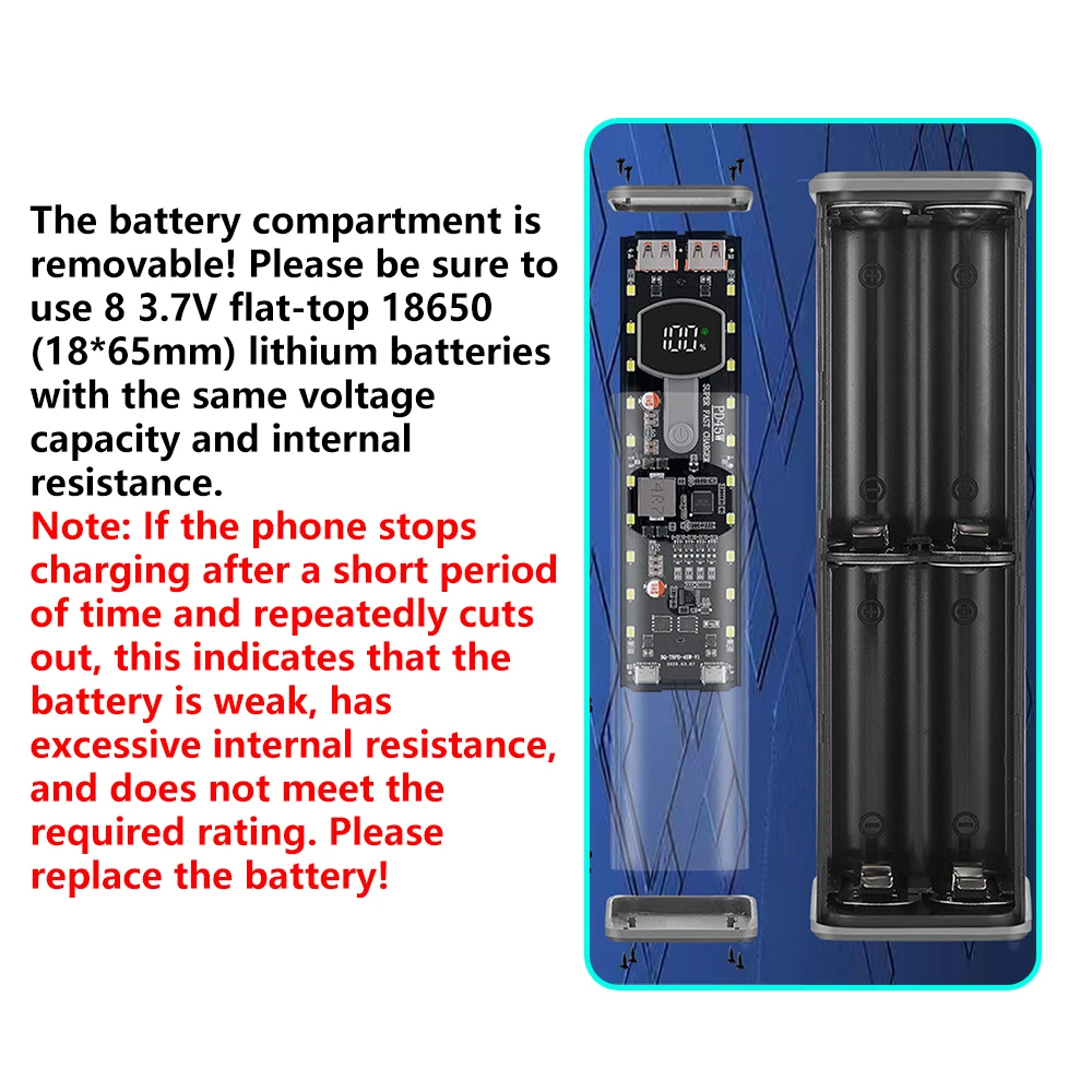PD 45W Superschnelles Laden Transparente Wiederaufladbare Hülle Ohne Schweißverbindungen 8 Stück 18650 Batteriegehäuse Mit Außenbeleuchtung – Detail 18