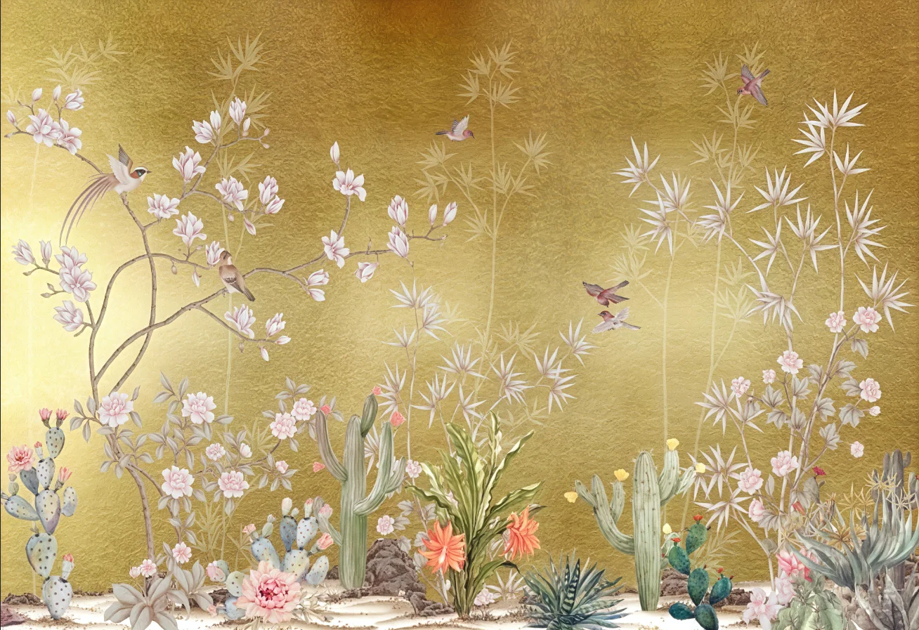 Customized size gold background mural Chinese gold, flower, bird, tree branch mural, living room and bedroom wall decoration
