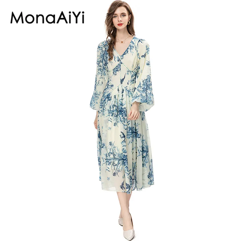 MonaAiYi Spring/Summer Fashion Designer Dress Women's V-Neck Flare Sleeve Rhinestone Blue Grain Swallow Printing Midi Dresses