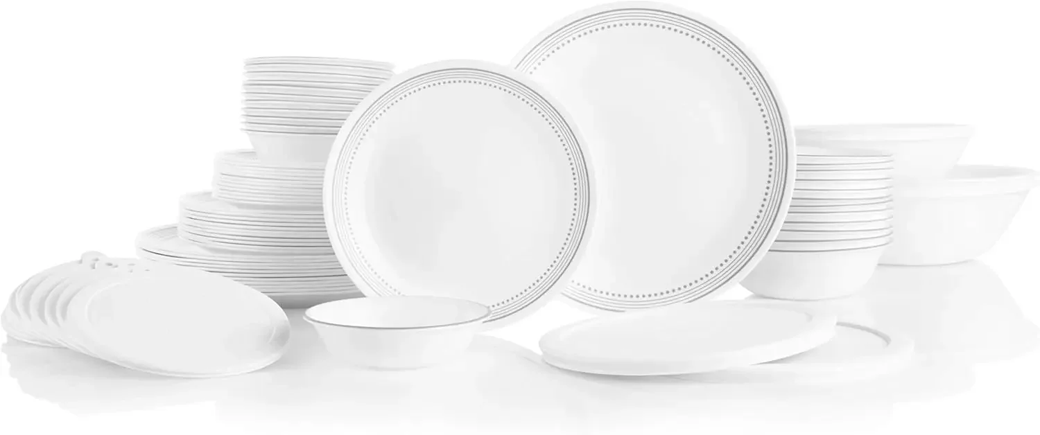 Corelle Vitrelle 78-częściowy zestaw naczyń obiadowych do 12, trójwarstwowy, odporny na szkło i odpryski, lekkie okrągłe talerze i kokardki