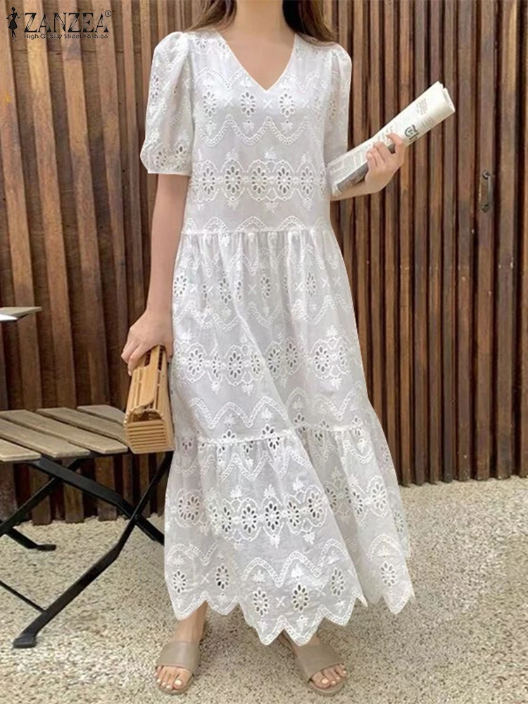 ZANZEA Frauen Spitze Rüschen Saum Vestidos Casual Lose Feste Maxi Kleider Mode V-ausschnitt Puff Sleeve Robe 2025, Sommer Baumwolle Kleid
