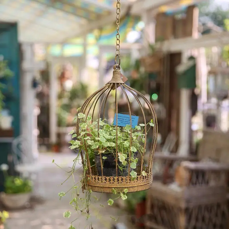 Retro Iron Bird Cage Style Hanging Pots Chains with Antique Box Lock Light Yellow Garden Decoration