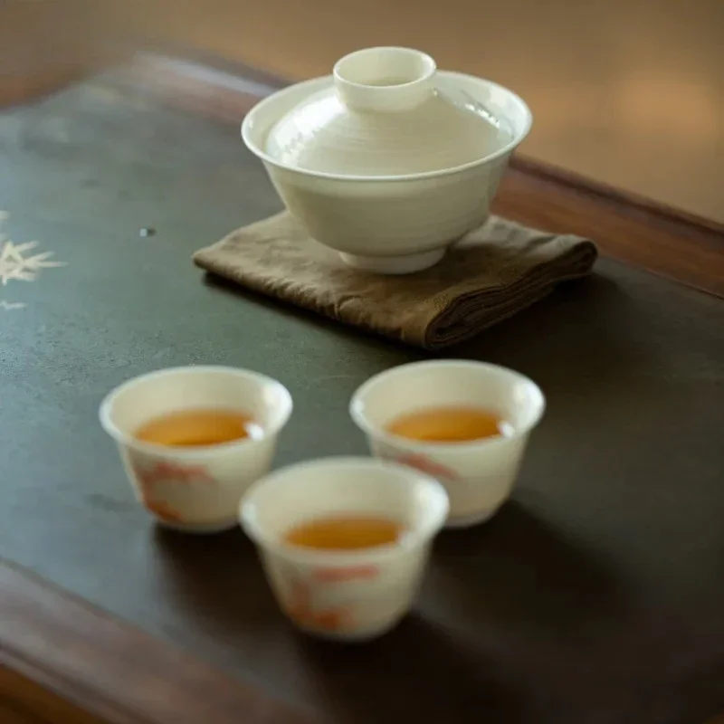 100ml White Porcelain Threaded Thin Tire Gaiwan Vintage Tea Tureen Tea Bowl With Lid Kit Tea Maker Cover Bowl Drinkware Ornament