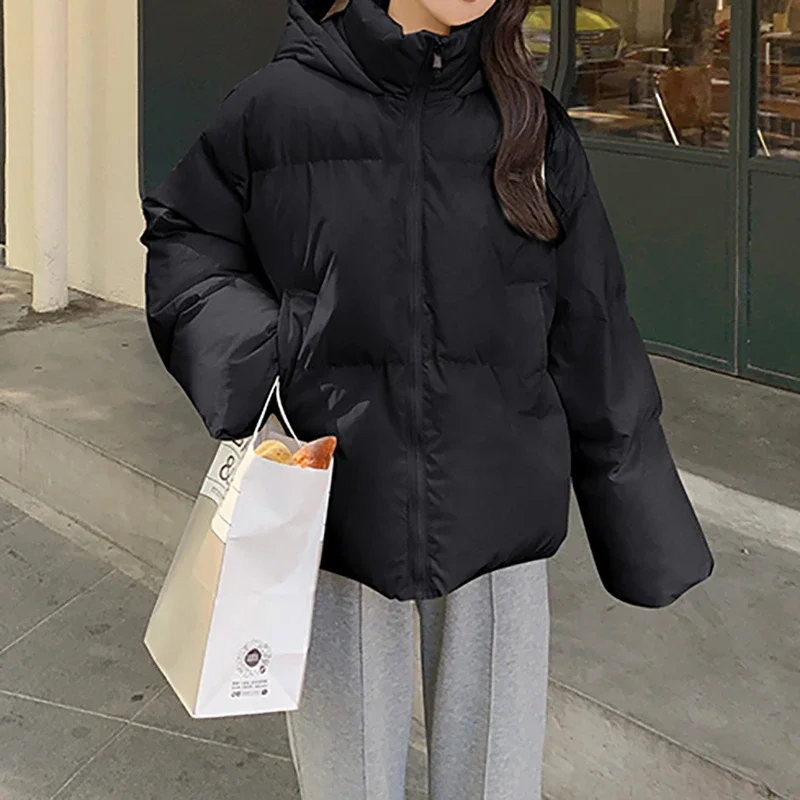 Women Autumn Winter Thicken Cotton Warm Hooded Coat Long Sleeve Office Cotton-padded Jacket Zipper Solid Casual Parkas 2024