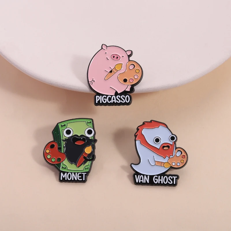 Van Ghost Funny Artist Ghost Pun Enamel Pins Pigcasso Monet Famous Painter Cute Animal Brooches Lapel Badge Jewelry Gifts