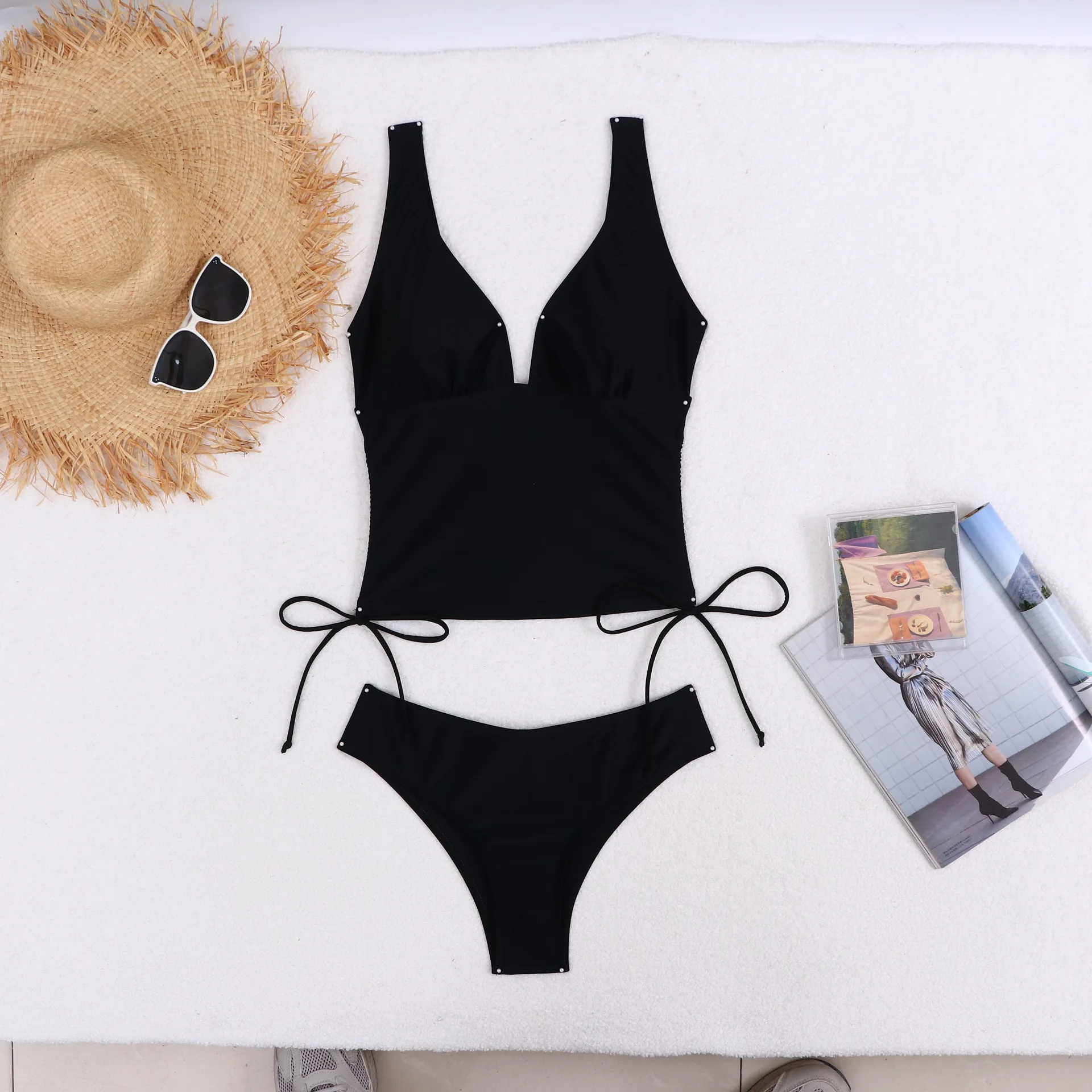 

2025 бикини с высокой талией, женский купальник на шнурке, женский купальник с открытой спиной, однотонный купальный костюм для купания, пляжная одежда