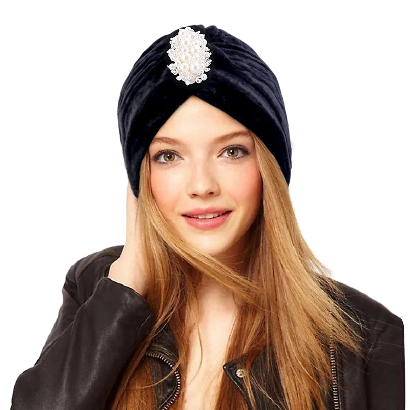 

Muslim Velvet Jewelry Turban Beaded Elegant Headscarf Beanies Hijab Bandanas For Women Head Wraps Hair Accessories Turbante