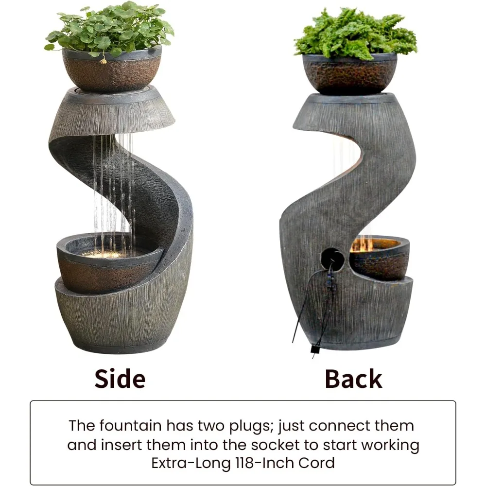 ميزة مياه خارجية نافورة فناء مع أضواء LED، نافورة شلال حديقة من الراتنج 31.9 خارجية، تصميم عصري على شكل حرف S #6