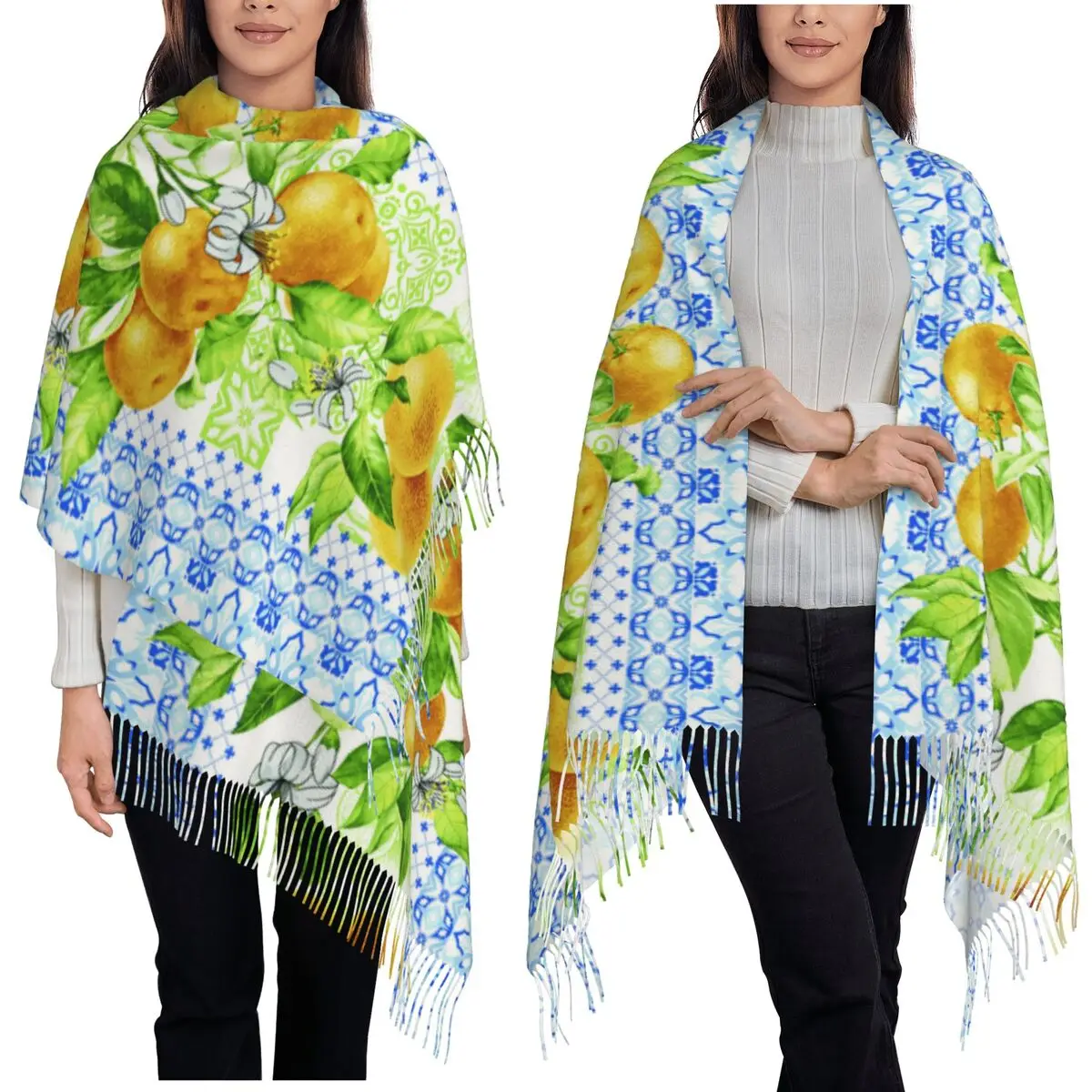 

Цитрусовые лимоны, дерева, листва, цветы и листа, шарф, шарфы с кисточками, женские мягкие теплые шали и накидки, длинная осенне-зимняя шаль, накидка