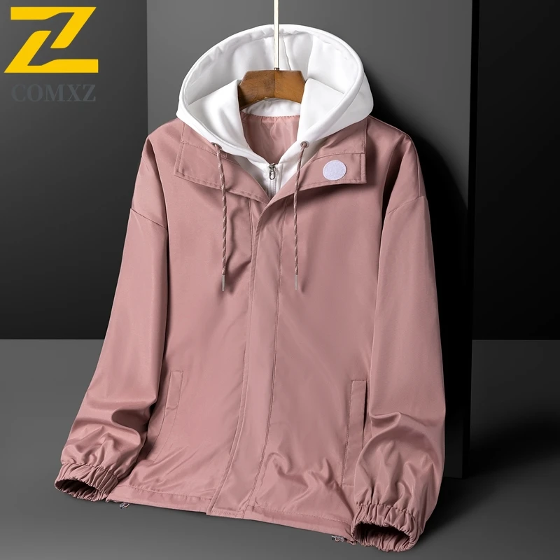 2025 جديد الرجال سترة غير رسمية ربيع الخريف موضة تنوعا يندبروف تنفس وهمية قطعتين معطف مقنع الشارع السفر سترة