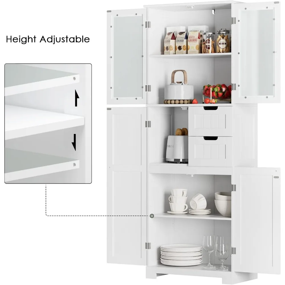 67'' Tall Storage Cabinet, Bathroom Storage Cabinet with Glass Doors and Shelves, Kitchen Pantry Cabinet with 2 Drawers