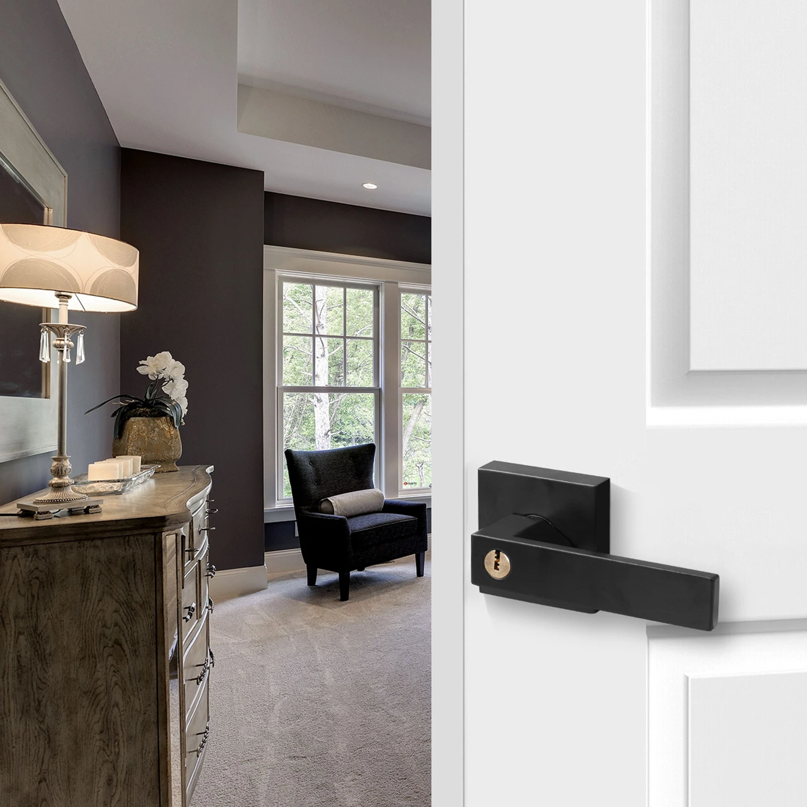 15 ชิ้น Matte สีดําประตู LEVER Handleset,Heavy Duty REVERSIBLE ฮาร์ดแวร์แผ่นสแควร์สําหรับบ้านตู้เสื้อผ้าประตูห้องน้ํา