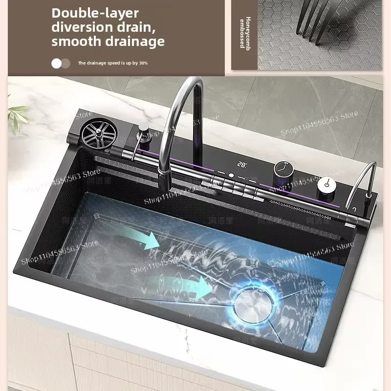 Smart Digital Display 304 Stainless Steel Kitchen Sink | Waterfall Flow, Textured Anti-Scratch Modern Multifunctional Design