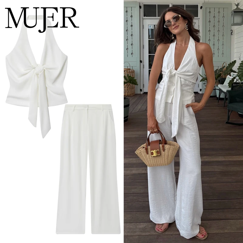 

MUJER White Baggy Pants for Women 2 Pieces High Waist Woman Trousers Suits Wide Leg Women's Pants Sets off Shoulder Crop Top