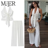 MUJER, pantalones holgados blancos para mujer, 2 piezas, pantalones de cintura alta para mujer, trajes, pantalones de pierna ancha para mujer, conjuntos de Top corto con hombros descubiertos