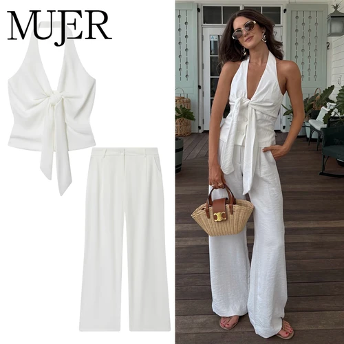 Imagen 1 del producto MUJER, pantalones holgados blancos para mujer, 2 piezas, pantalones de cintura alta para mujer, trajes, pantalones de pierna ancha para mujer, conjuntos de Top corto con hombros descubiertos