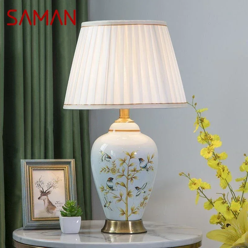 SAMAN Contemporary ceramics Table Lamp American luxurious Living Room Bedroom  Bedside Desk Light Hotel engineering Decorative