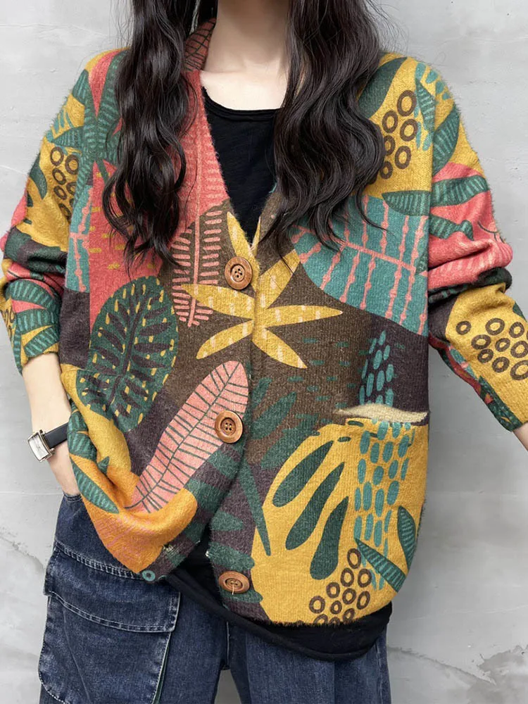 2023 Winter Females Fashion Floral Knitwear Womens Warm Printed Loose Luxury Sweaters Ladies Leisure V Neck Plus Size Cardigans