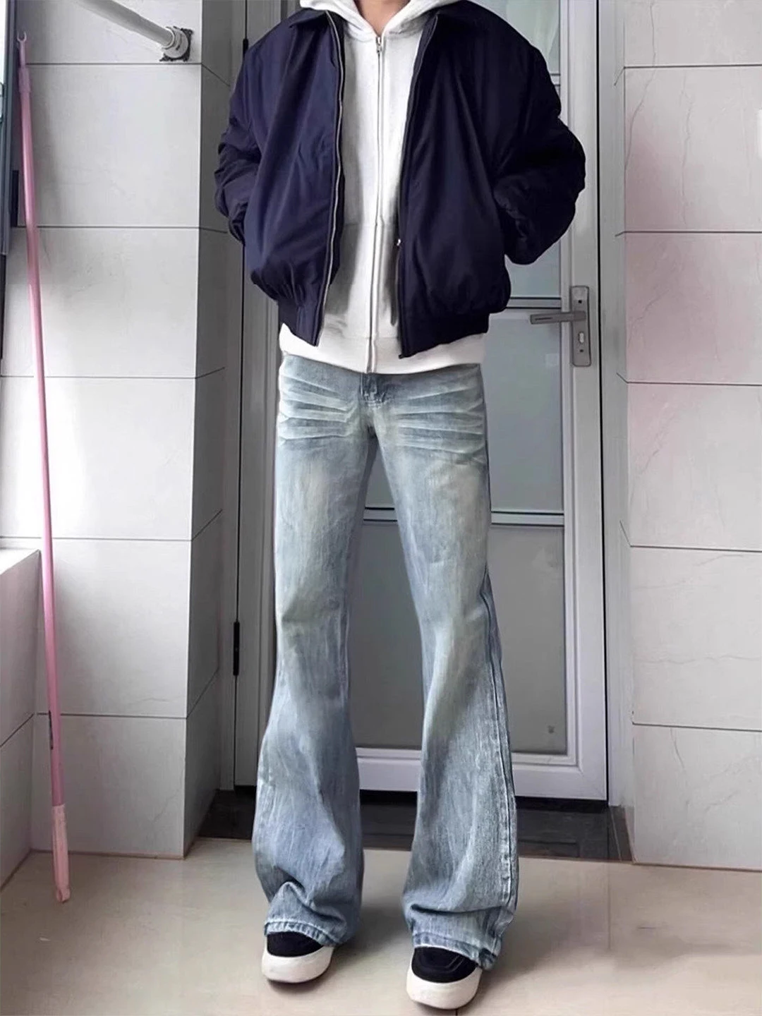 

Light Blue Men's Fce Lined Straight Leg Jeans High Street Sle Cleanfit Slim Fit Bootcut Waed Casual Pants for Autumn W...