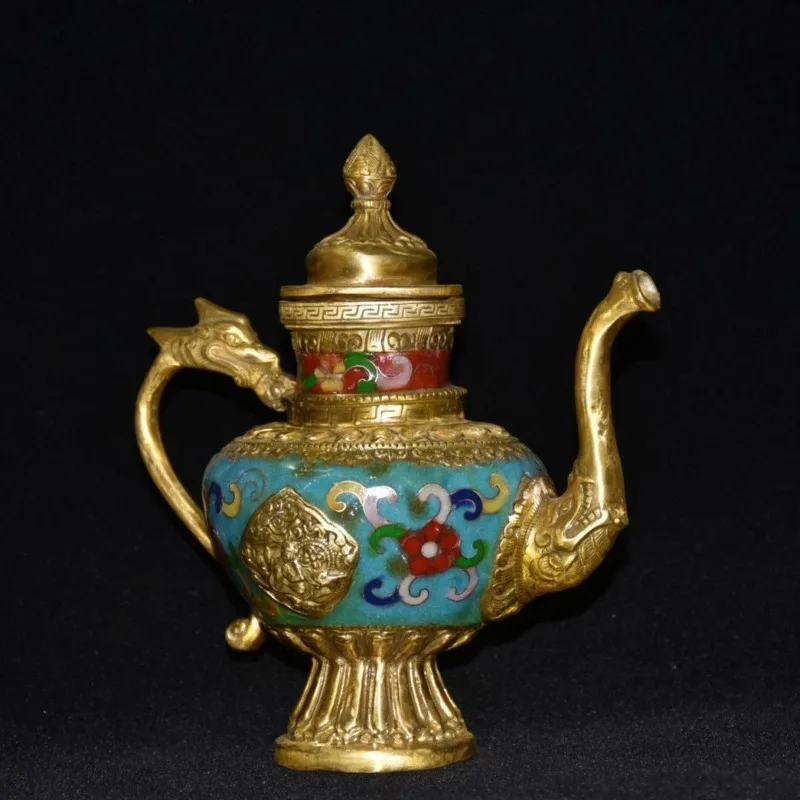Antique Gilt Cloisonne Wine Pot Dragon Handle Tibetan Teapot Enamel Floral Embossed Ornament Home Decoration Accessories
