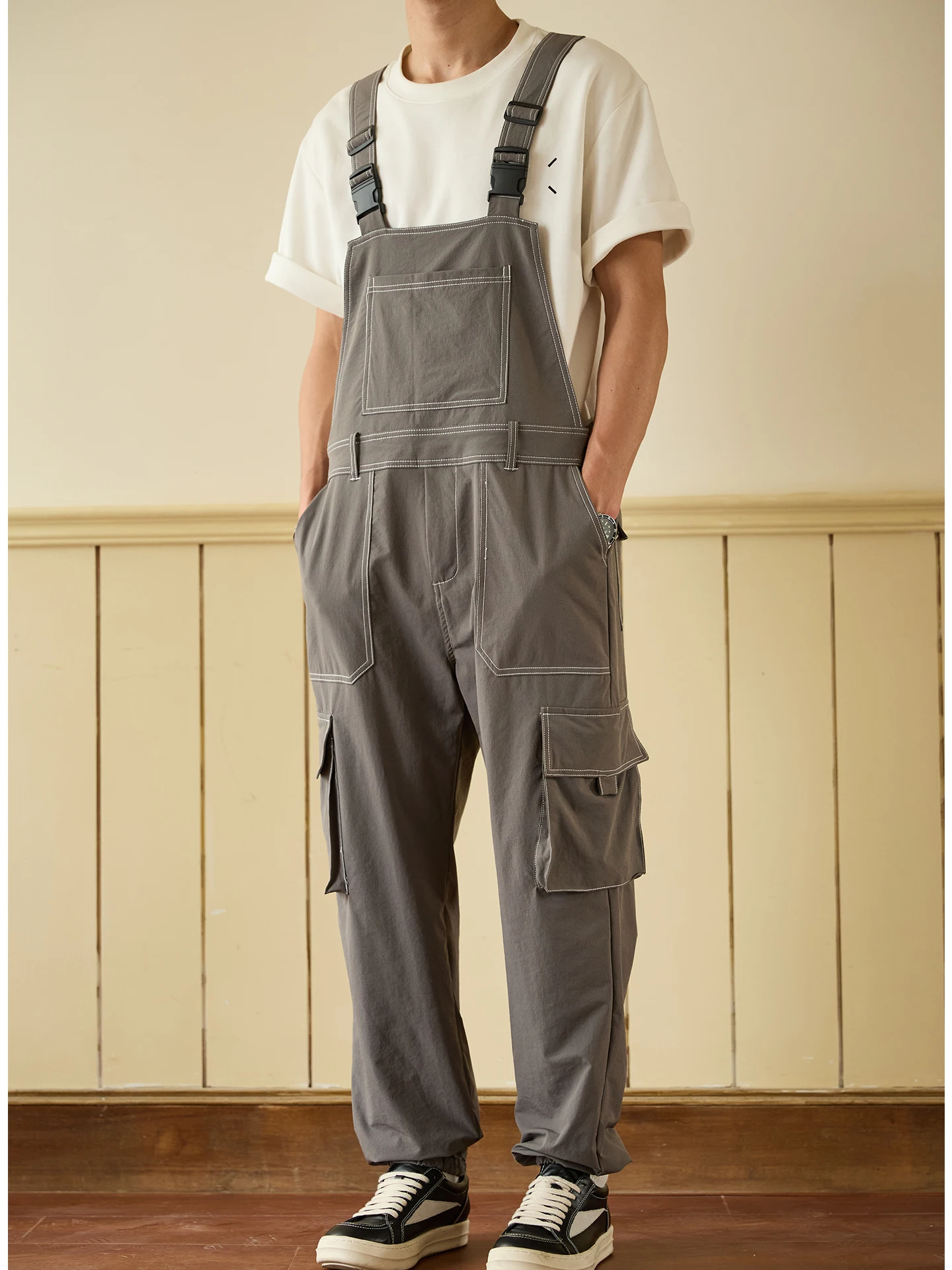 

Retro Japanese Sle Men's Casual Overalls Loose Fit Cargo Pants Youth Waist Corduroy Bib Overalls Trendy Multi-ket Workwear