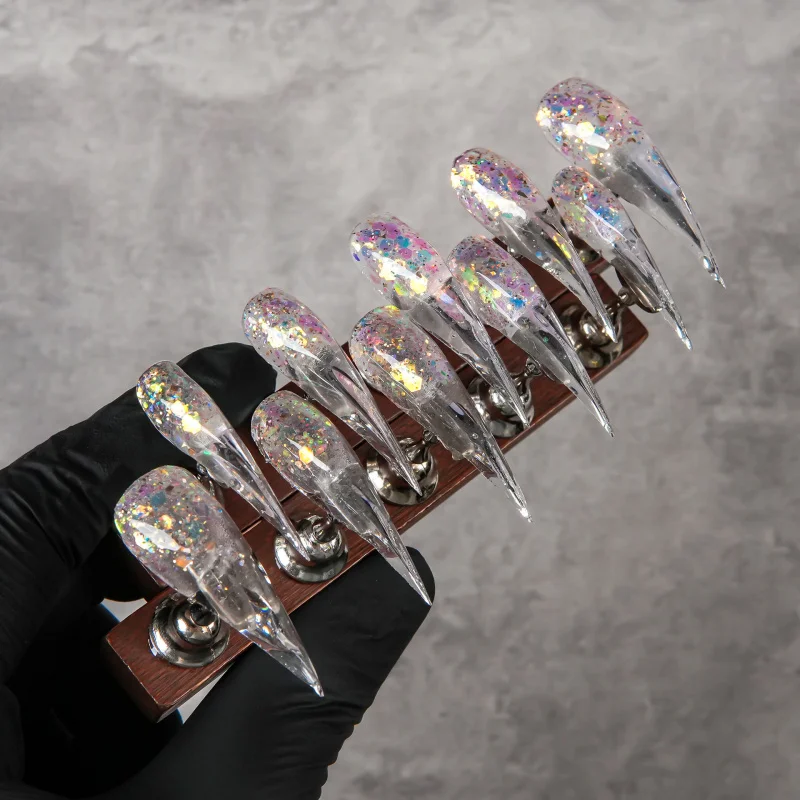 Super Long Curved Stiletto Press On Nails Clear Iridescent Holographic Glitter Silver Slice Fake Nails Glossy Handmade Reusable
