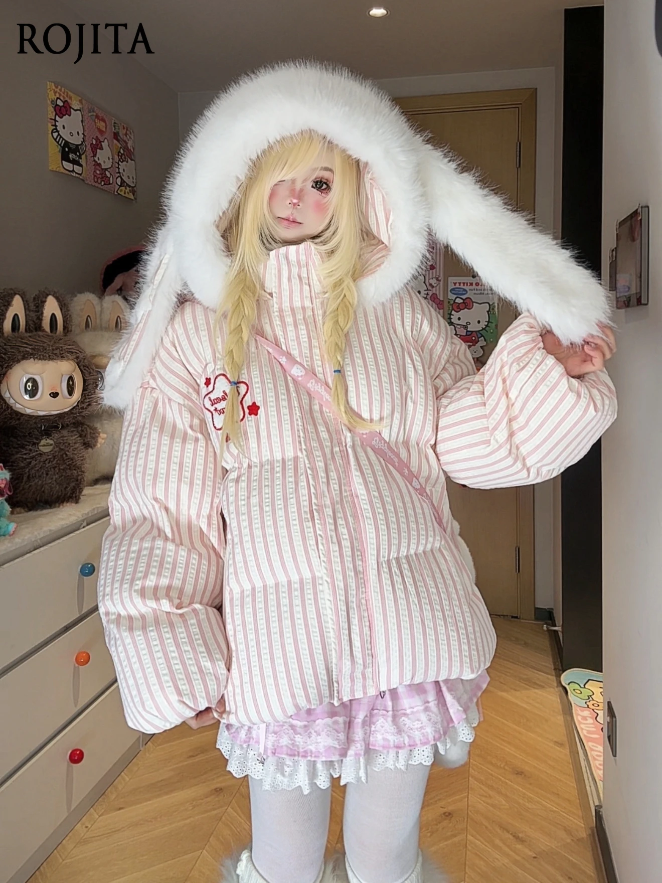 

Розовая полосатая хлопковая куртка с заячьими ушками и пушистым капюшоном для женщин, зимнее свободное универсальное теплое хлопковое пальто, зимняя куртка для женщин