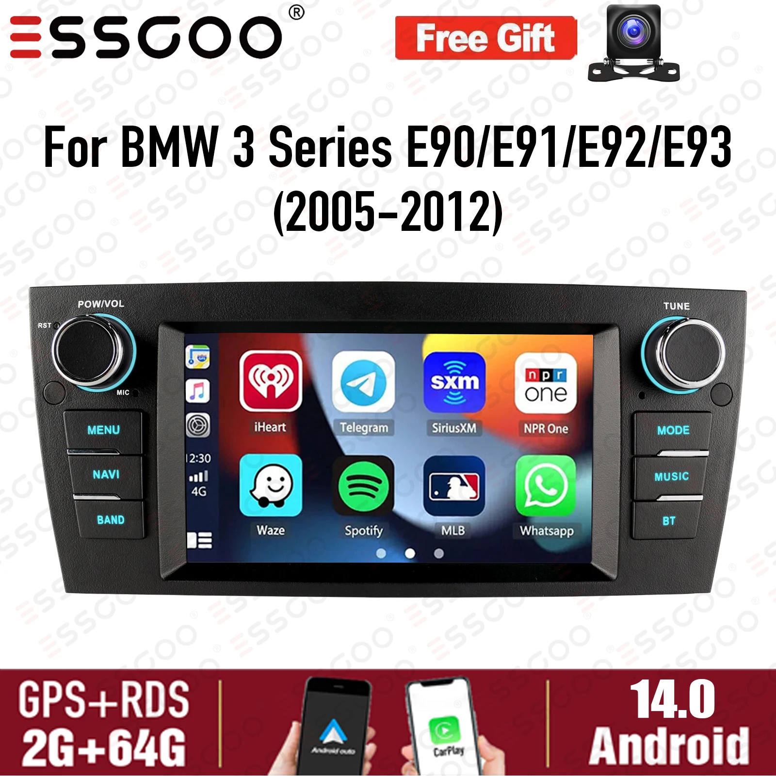 

7" Car Stereo Apple CarPlay For BMW 3 Series E90 E91 E92 E93 2005-2012 Android 14 GPS Navi Bluetooth FM Radio 64GB Head Unit SWC