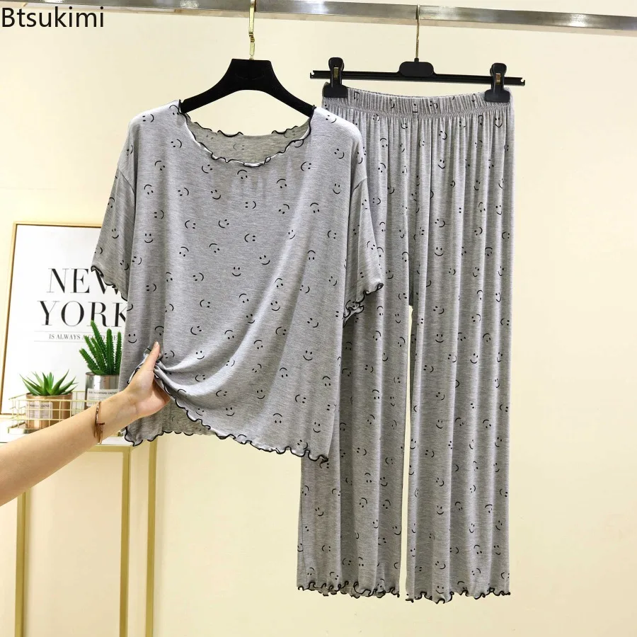 Women's Modal Loose Fungus Edge Home Clothes Summer Thin Design Smiling Face Short Sleeved Pants Two-piece Set Casual Pajamas