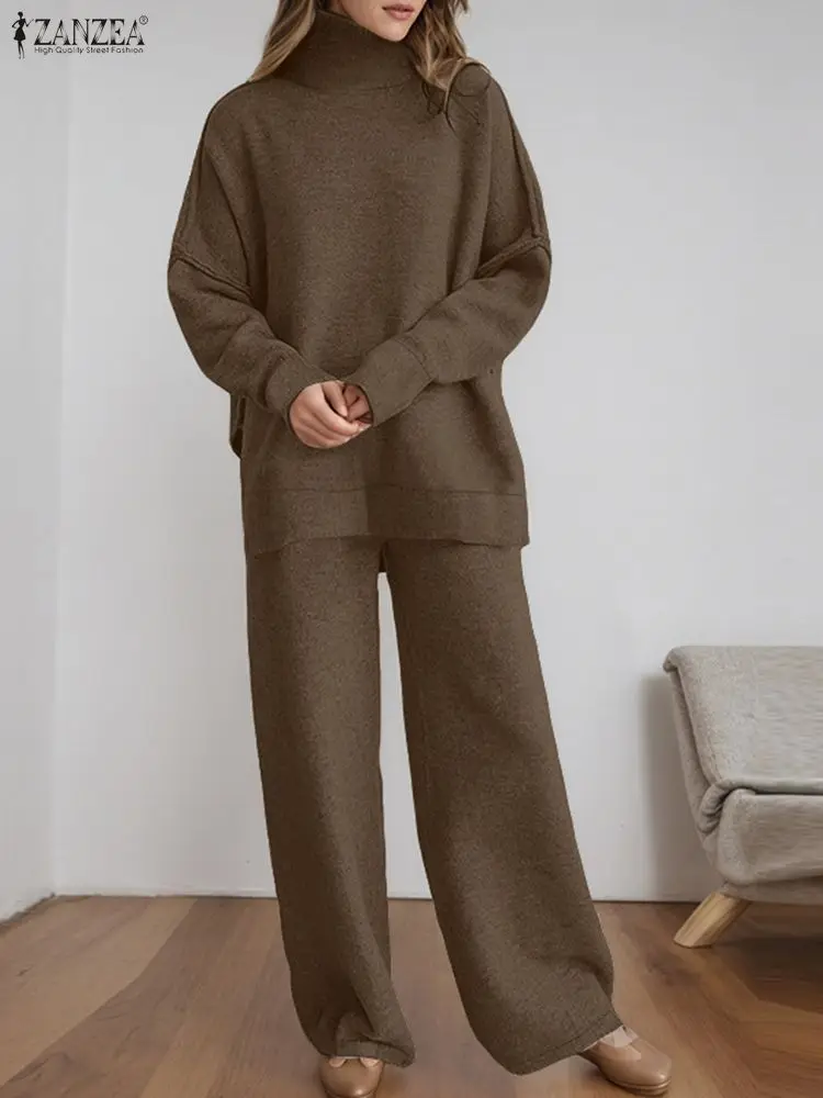 ZANZEA Women's Knitted 2 Pieces Pant Sets Casual Loose Turtleneck Long Sleeve Pullovers and Wide Leg Pant Suits Daily Outfits
