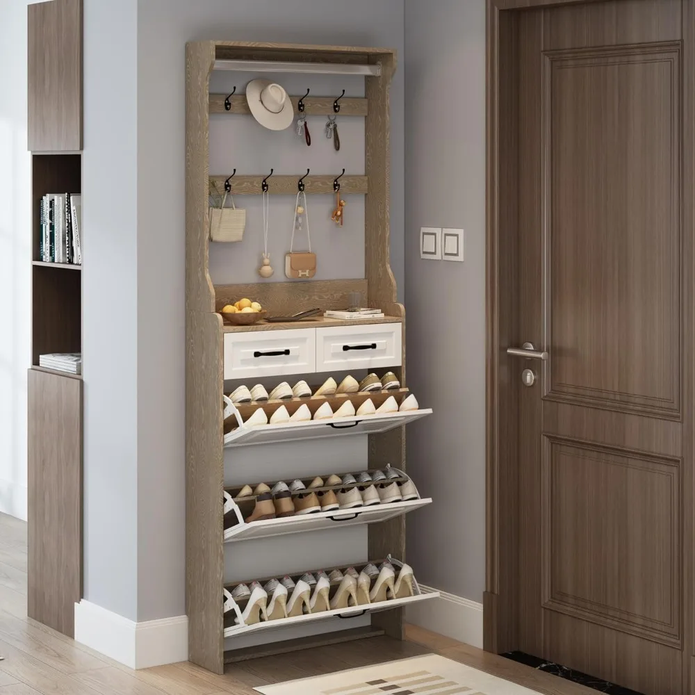 

Shoe Cabinet with Hanger, Freestanding Hall Tree for Entryway, Narrow Shoe Storage Organizer Flip Down Shoe Rack Tall Cabinet