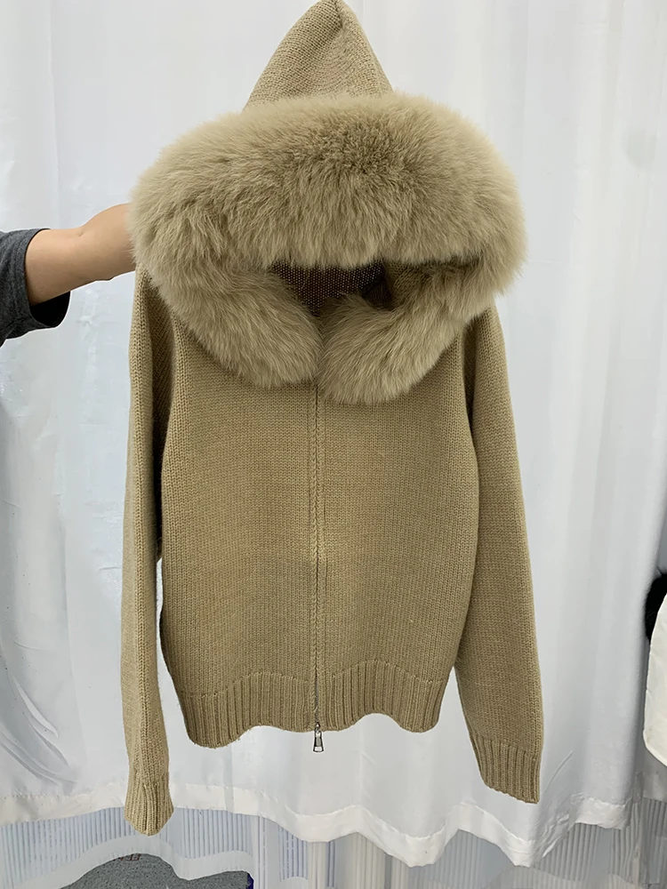 Women Real Fox Fur Collar Coat Sweater Loose Hooded Spring Autumn Fox Fur  Decoration Sweater Outerwear Female Coats