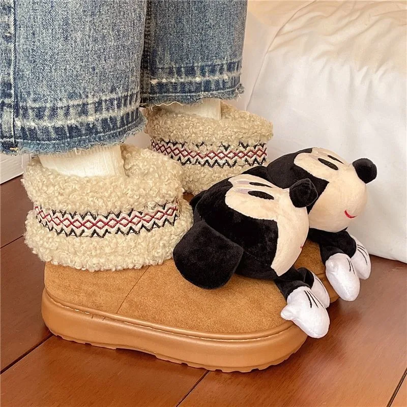 أحذية ديزني كارتونية لطيفة ميكي للثلج للفتيات، أحذية شتوية عصرية بنعل سميك دافئ من القطن، متعددة الاستخدامات ومقاومة للبرد