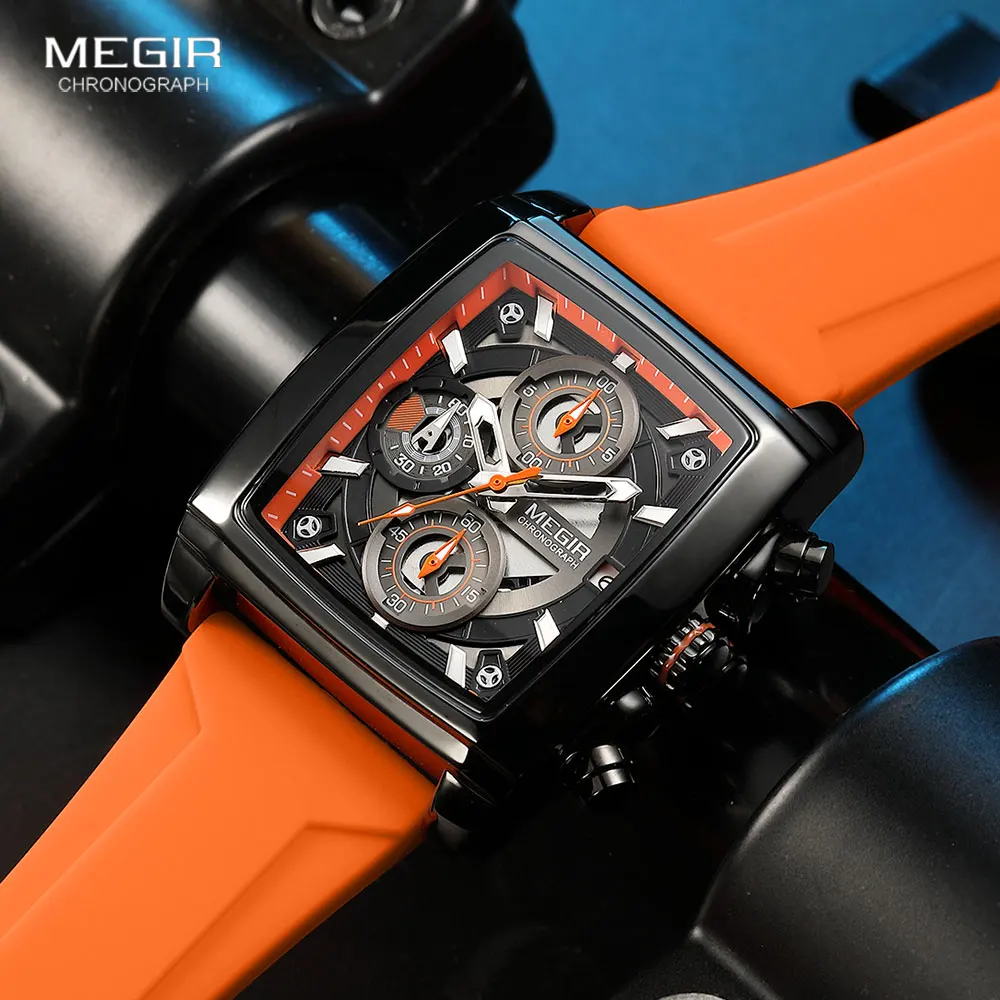 MEGIR-reloj deportivo Unisex, cronógrafo de pulsera de cuarzo, resistente al agua, con manecillas luminosas, fecha automática, esfera rectangular