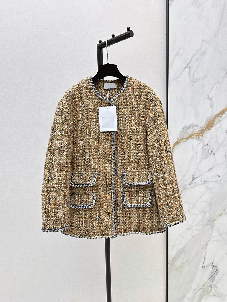 Spring Autumn Fashion Vintage Coarse-woven Down Knitted Jacket Women's O-Neck Weave Multi Fake Pocket Straight Barrel Coat