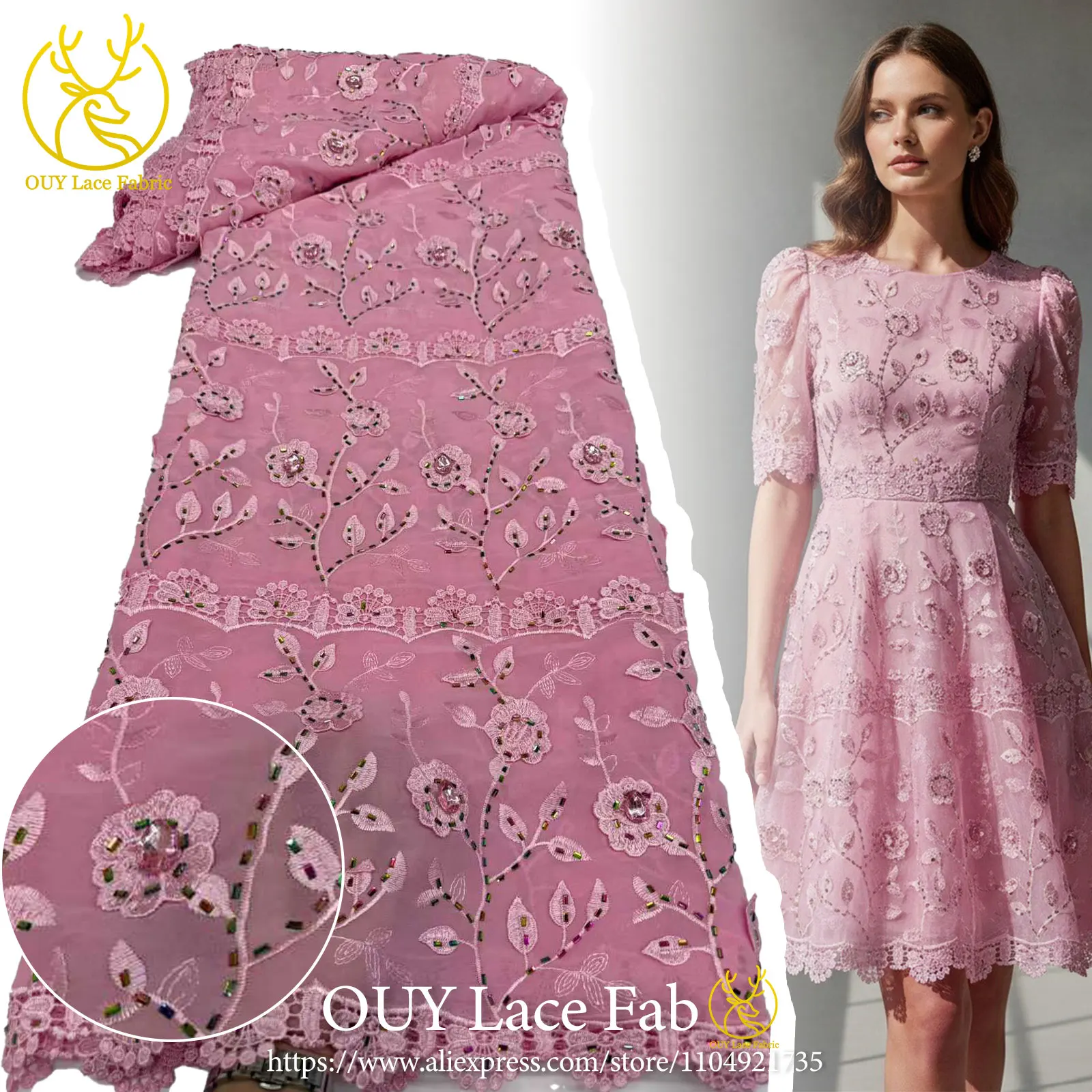 

Pink Fashion French Style Big Stone Guipure Lace Embroidery 2026 Water-soluble Rope Fabric African Dubai Dress Party Gown