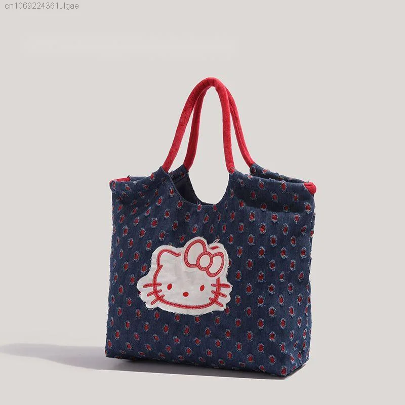 Sanrio Hello Kitty Women's Fashion Denim Sticker Handbag Large Capacity Casual Shoulder Bag Korean Style Niche Trend Tote Bag