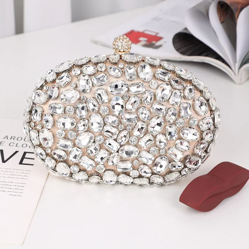 Fashionable Full Diamond Dinner Bag Ladies Crystal Beading Round Clutches Wedding Party Women's Handbag Luxury Silver Purses