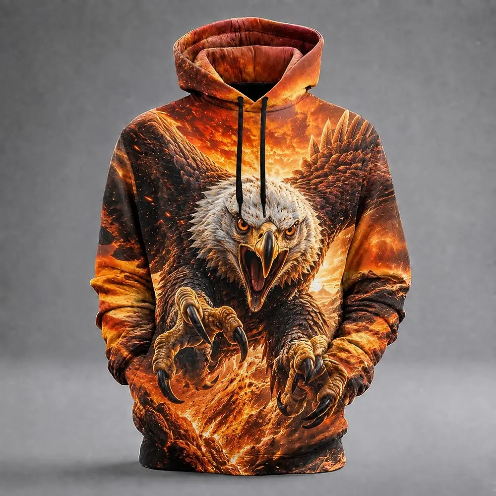 Men's Eagle 3D Printed Hoodie, Lightning Storm Eagle Graphic Sweatshirt, All Over Print Long Sleeve Pullover Streetwear