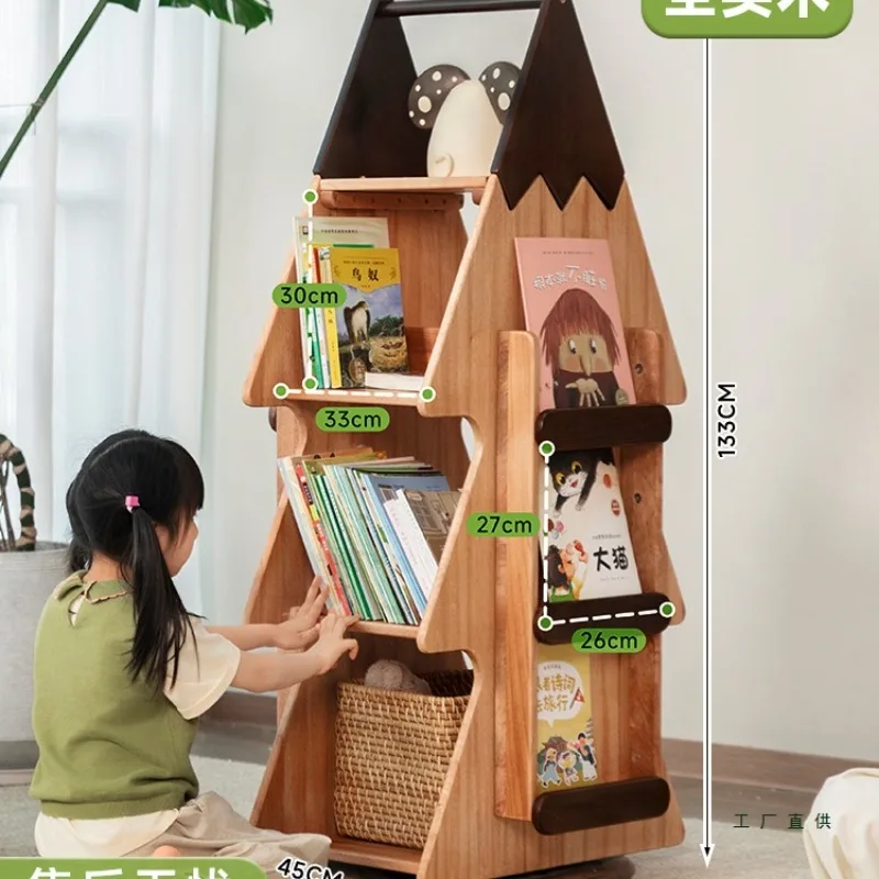 All solid wood creative 360-degree rotating bookshelf picture book rack baby reading bookcase floor-to-ceiling storage locker