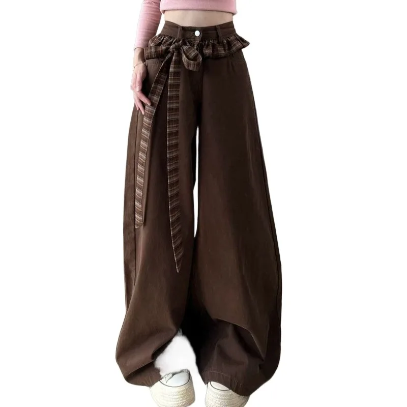 

American Design Sense Retro Plaid Lace Casual Pants Women's Fall New High Waist Loose Floor Pants Fashion Age-reducing Overalls