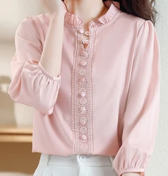 Pink Lace Hollow Out Patchwork Shirt Women's 3/4 Sleeve Ruffle Collar Blouse Autumn Summer 2023 New Fashion Top