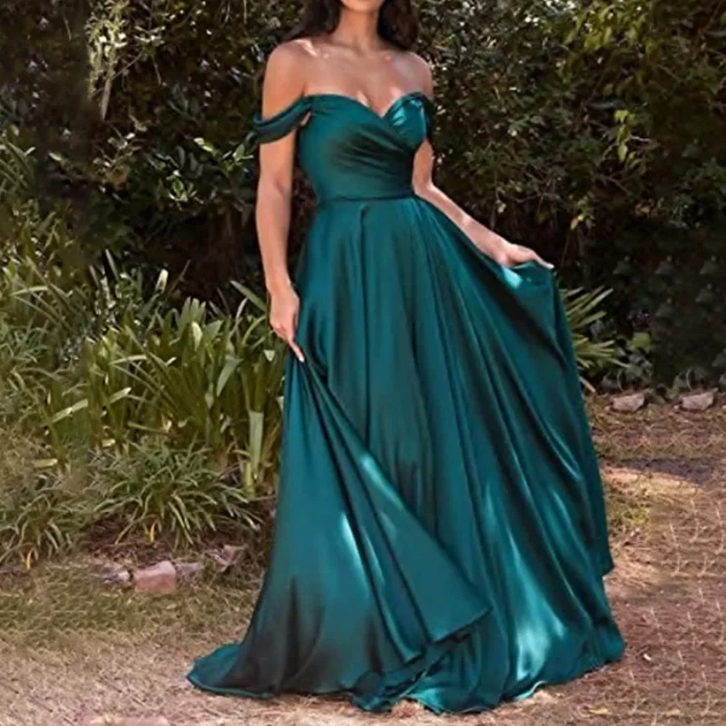 Customized Sexy Satin Off The Shoulder Split Evening Dresses European A-Line Prom Dress Women Cross Slim Waist Prom Dresses فسات